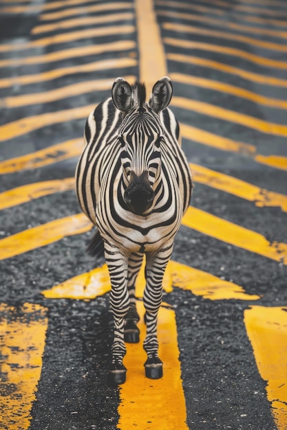 A zebra standing in the middle of a street suitable for urban wildlife themes