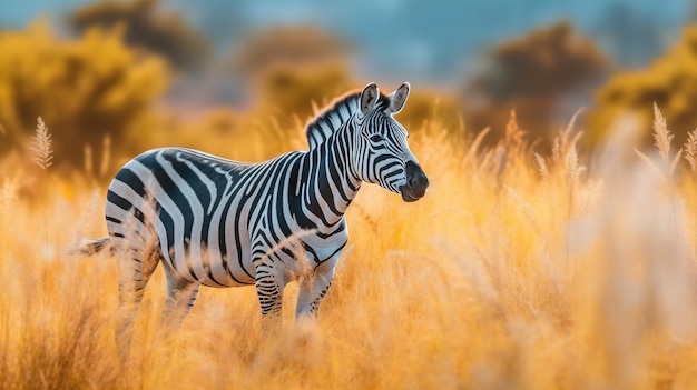 Zebra standing in yellow grass AI generated image