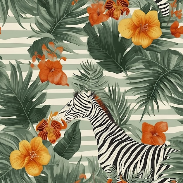 A zebra and a tropical plant are in the background.