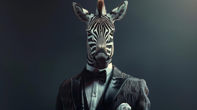 A zebra in a tuxedo and bow tie stands against a dark background looking straight ahead with a serious expression