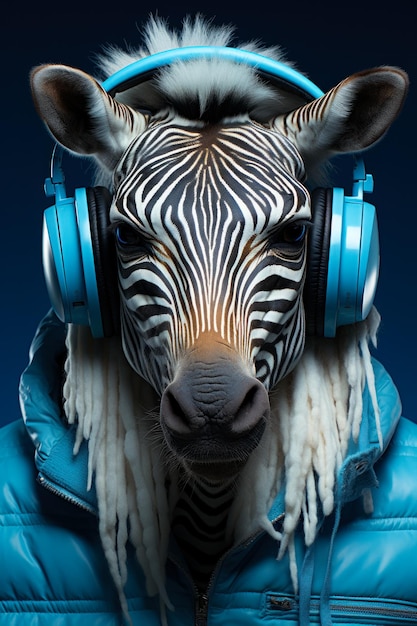 Zebra wearing blue headphones and jacket Animalistic portrait close up at dark blue backdrop Generative AI