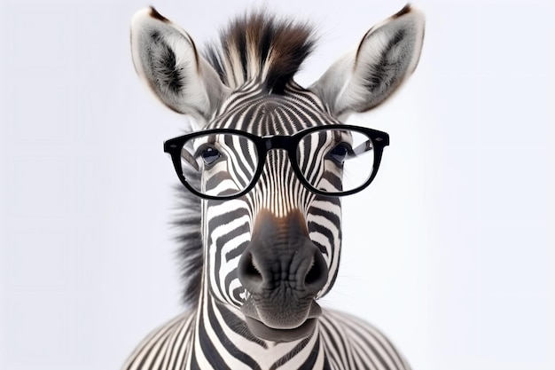 a zebra wearing glasses and a white background