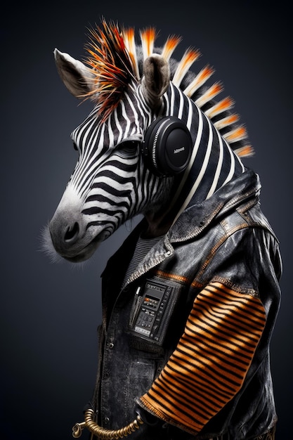 Zebra wearing headphones and jacket with orange and black pattern Generative AI