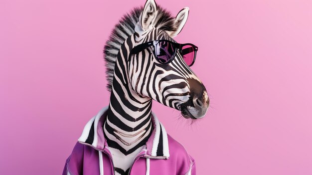 Photo a zebra wearing a purple shirt with a striped shirt and sunglasses