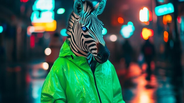 Photo a zebra wearing a raincoat with a blue eye and a green raincoat