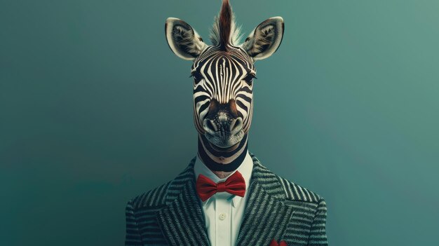 A zebra wearing a suit and bowtie looking directly at the camera with a serious expression The background is a solid teal color