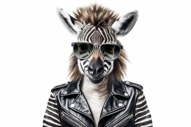 Zebra wearing sunglasses and leather jacket with zebra's head Generative AI