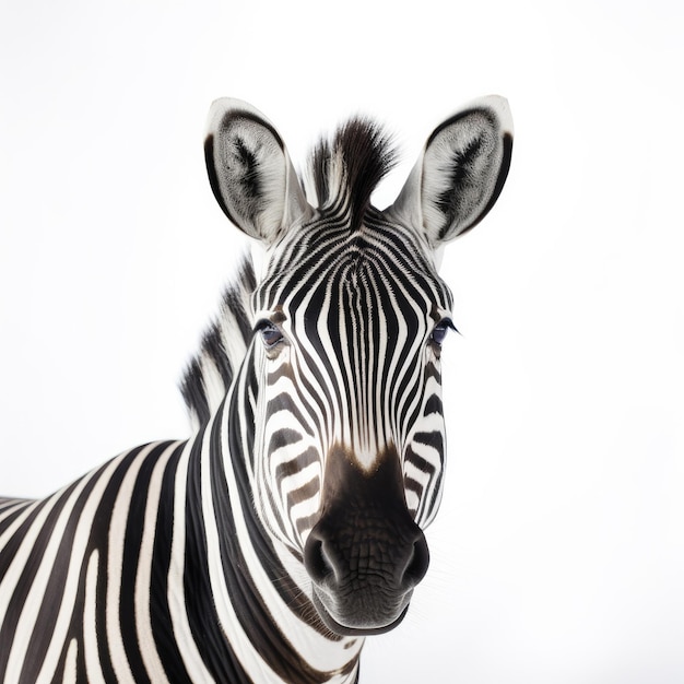 A zebra with a black and white stripe pattern is standing in front of a white background.