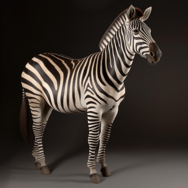 A zebra with black and white stripes stands in front of a dark background.