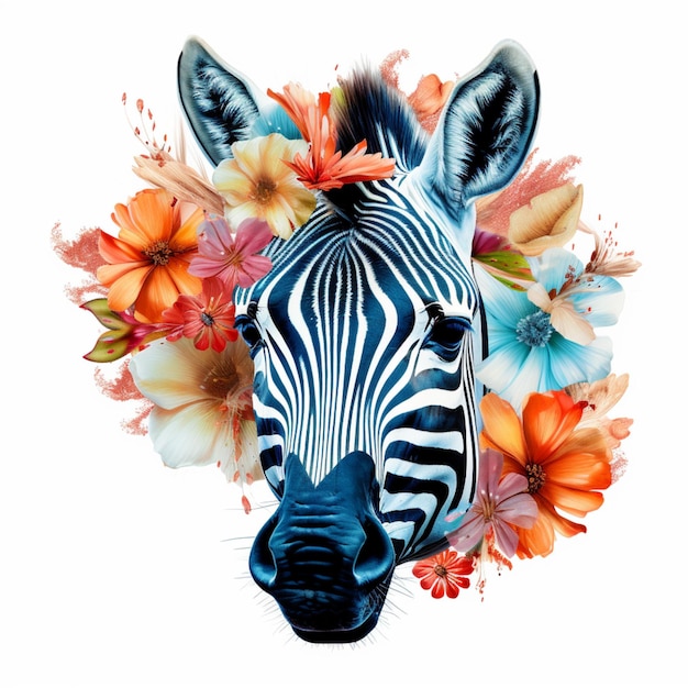 a zebra with a flower in the background