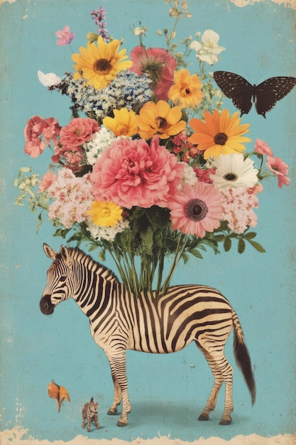 Photo zebra with flower bouquet