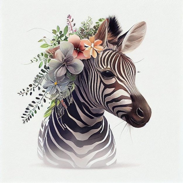 A zebra with a flower crown on its head