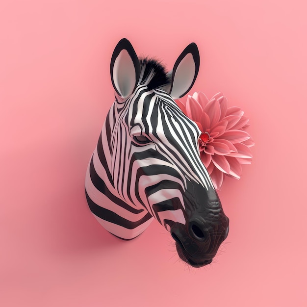 a zebra with a flower on a pink background