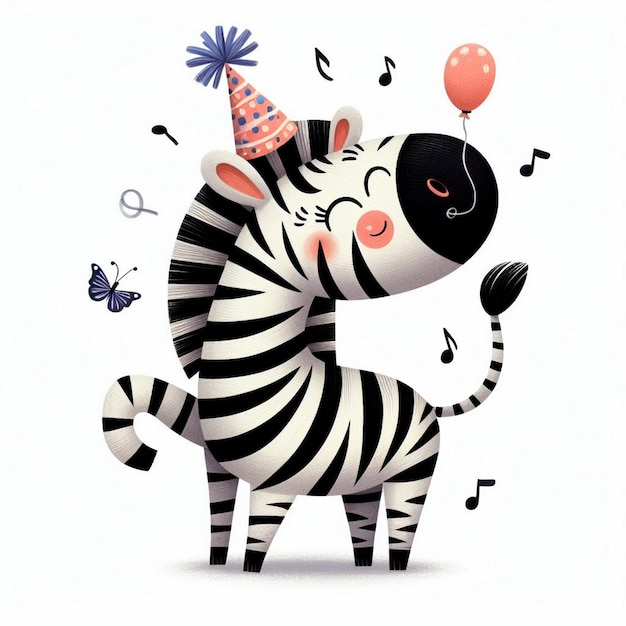 Photo a zebra with a party hat on its head is surrounded by butterflies and butterflies