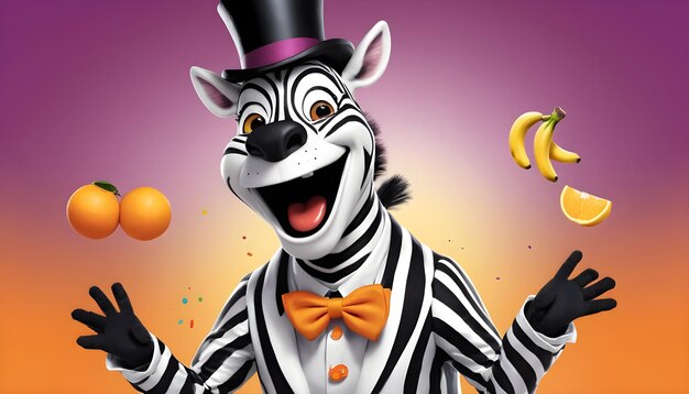 the Zebra with a top hat and a monocle juggling oranges and bananas