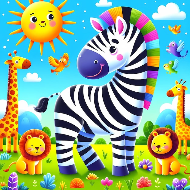 a zebra with a zebra and other animals on it