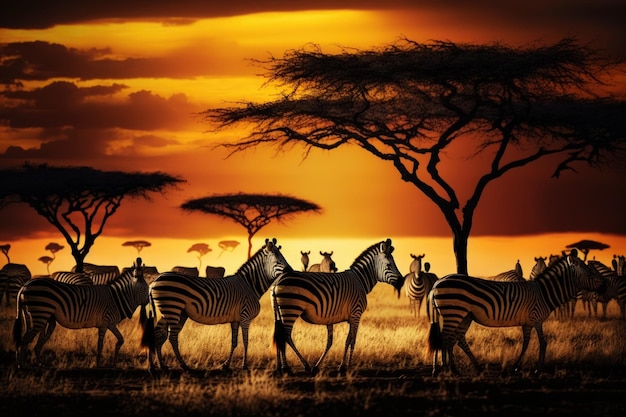 Zebras in a herd in the African savanna at dusk Tanzanias Serengeti National Park Africa