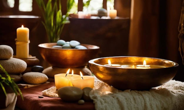 Photo zen alternative therapy background with candles and stones