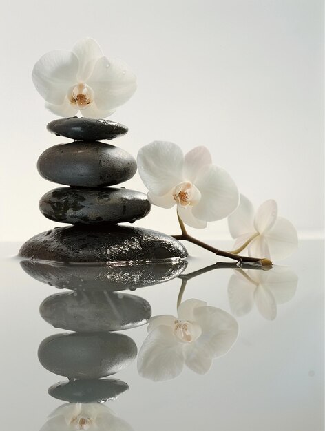 Photo zen balance tranquil stacked stones with orchid reflection for wellness and serenity