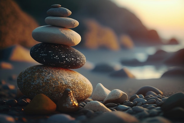 Zen balancing pebbles next to a blue ocean Illustration Generative AI