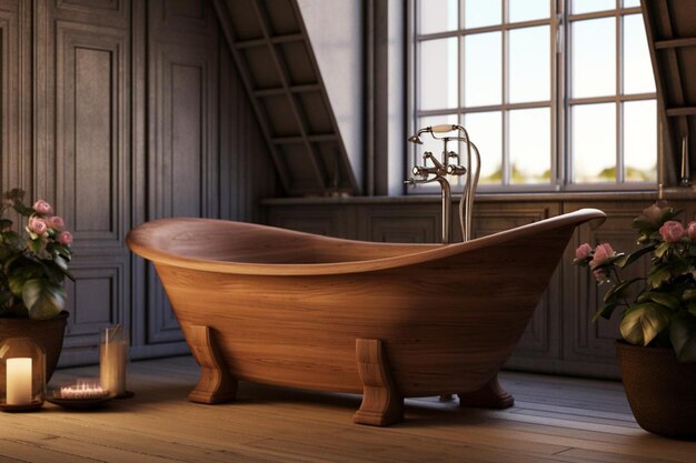 Zen bathroom with wooden bathtub