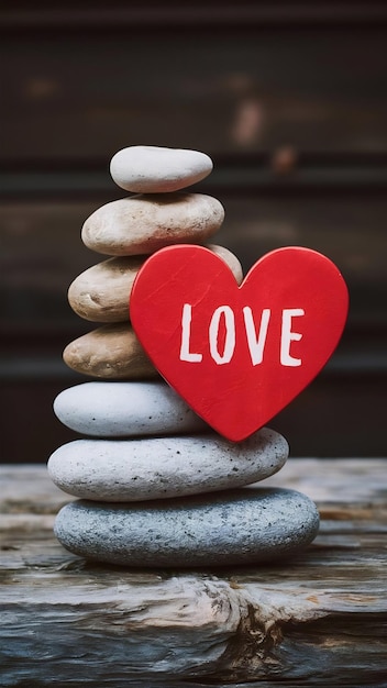 Zen design with stacked stones and red love heart for Valentines Day love concept copy space