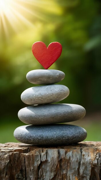 Zen design with stacked stones and red love heart wellness and love concept