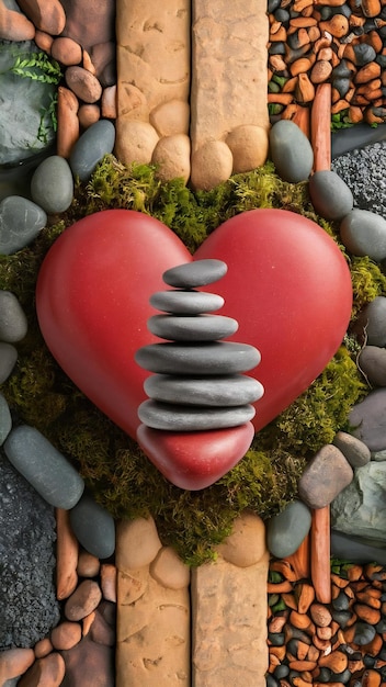 Zen design with stacked stones and red love heart wellness and love concept