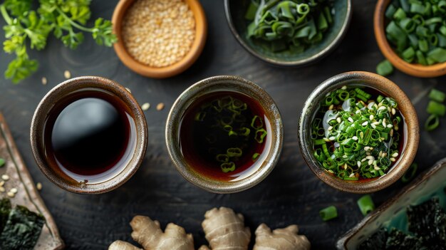 Zen Garden Background with Soy Sauce Wasabi Ginger and Seaweed