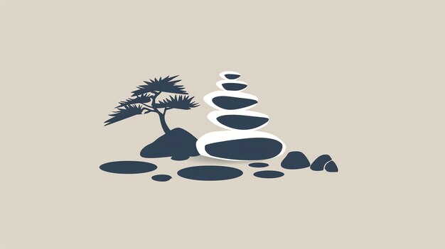 Photo zen garden illustration with a stacked rock tower and a tree