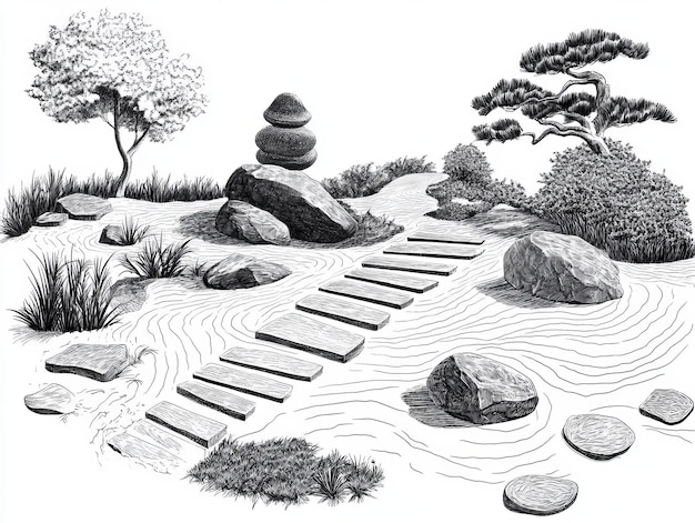 A zen garden illustration with a stone path a stacked rock sculpture trees rocks and grass