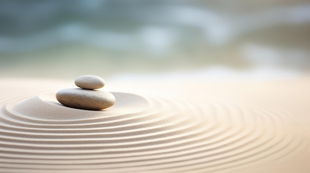 Zen garden meditation stone in sand and wave background