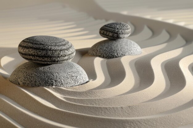 Zen garden meditation with sand wave and stone background