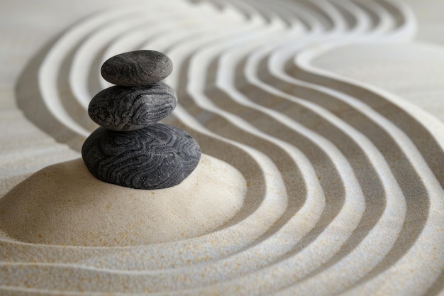 Zen garden meditation with sand wave and stone background