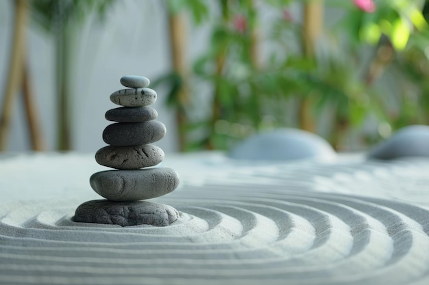 Zen garden meditation with sand wave and stone background