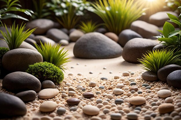 Zen garden relaxation therapy with balanced landscaping of sand stone greenery