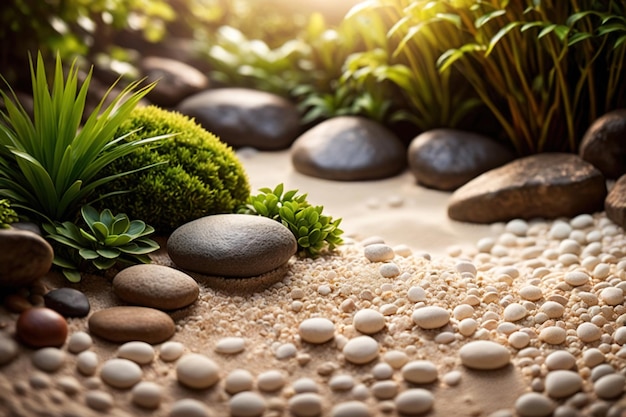 Zen garden relaxation therapy with balanced landscaping of sand stone greenery