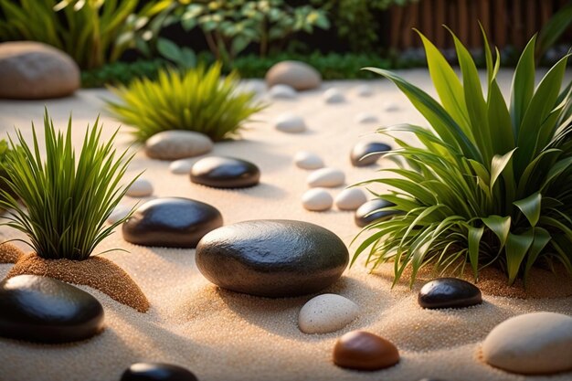 Zen garden relaxation therapy with balanced landscaping of sand stone greenery