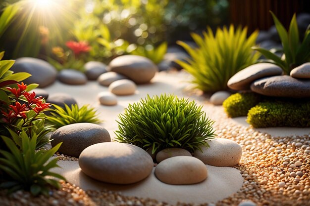 Zen garden relaxation therapy with balanced landscaping of sand stone greenery