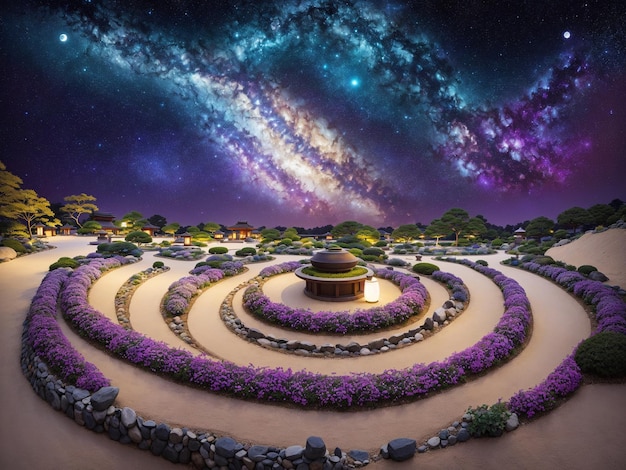 Zen Garden Under Starry Galaxy Sky