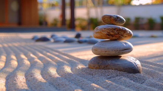 Zen garden with carefully arranged stones and raked sand inspiring tranquility and inner peace