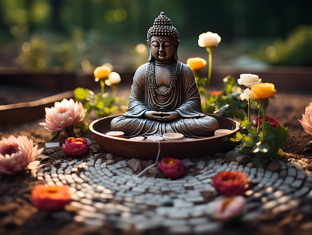 A zen garden with a meditating Buddha statue