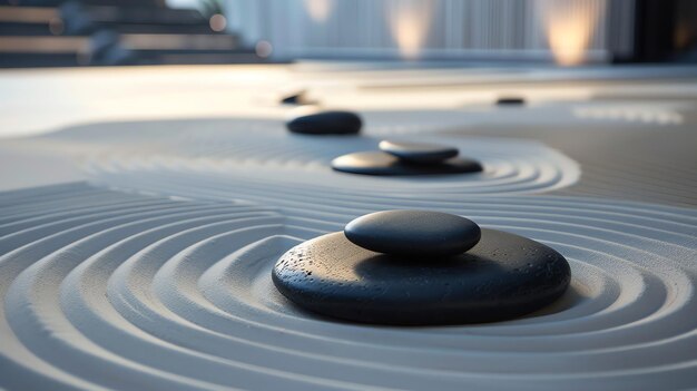 A zen garden with raked sand and black stones