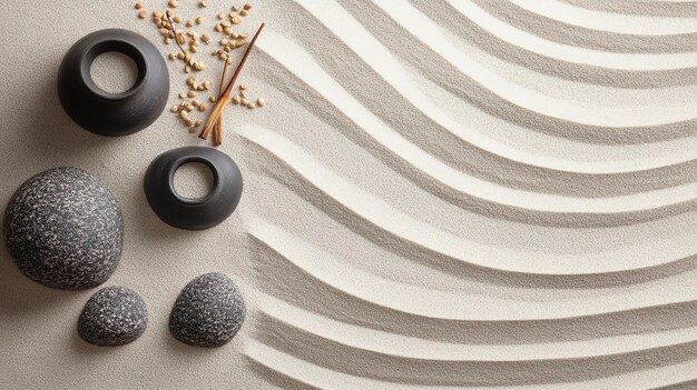 Photo zen garden with raked sand stones and ceramic bowls