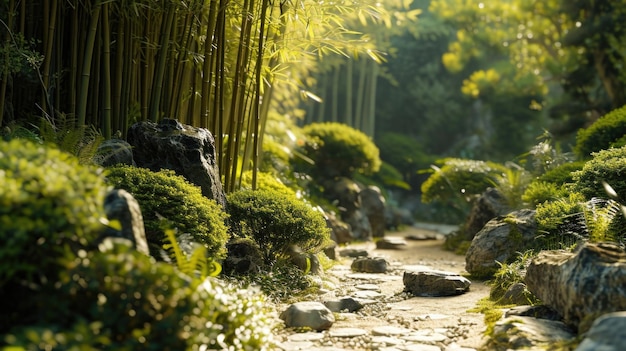 A zen garden with a small bamboo forest in the background