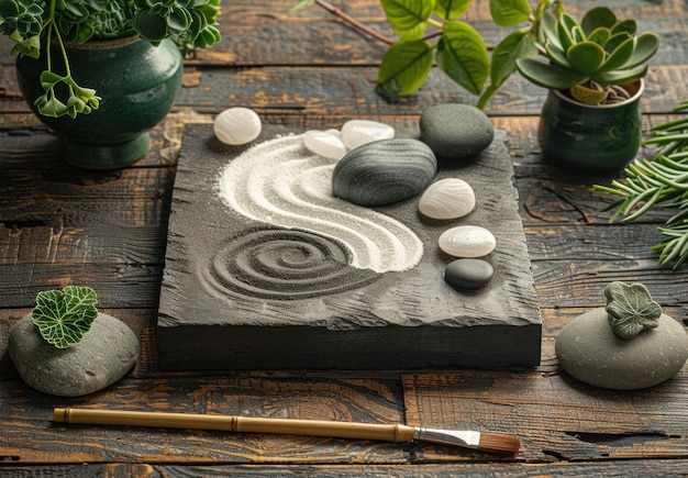 Photo zen garden with smooth stones and sand patterns on wooden table