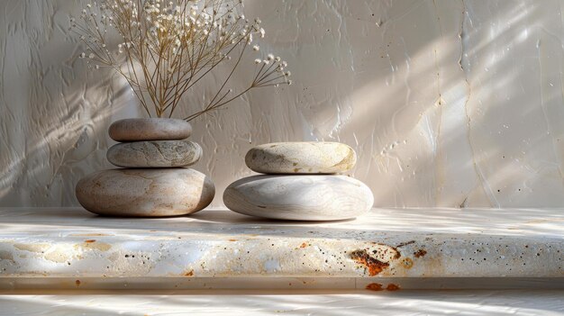 Photo zen garden with stacked stones and dry flowers generative ai