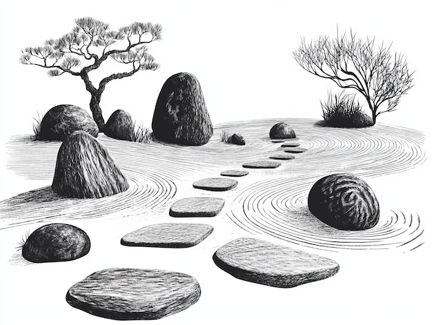 A Zen garden with a stone path trees and a raked sand pattern