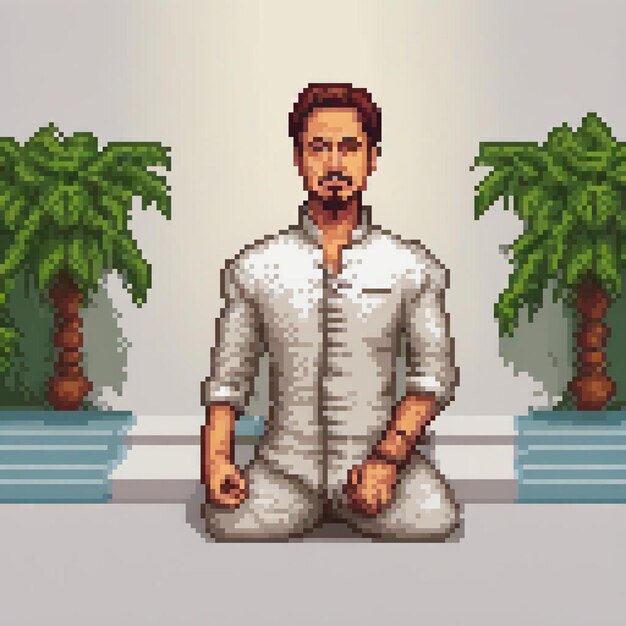 Zen man in lotus pose amidst palm trees pixel art style