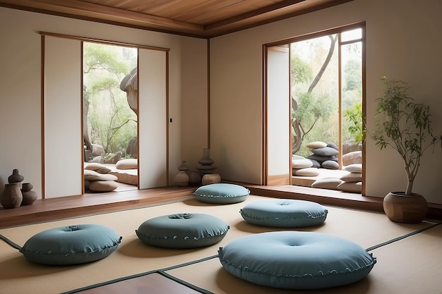 Zen meditation room with floor cushions and a calming color scheme